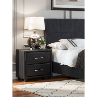 Sunvega Black Faux Leather Nightstand with Two Drawers and Silver Bar Pulls
