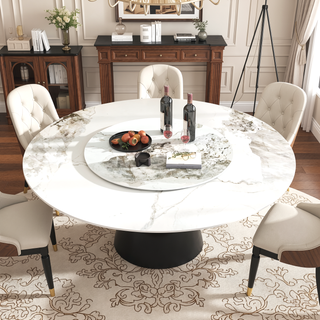 Sunvega 59 Inch Round Sintered Stone Dining Table with Stainless Steel Base for 6-8