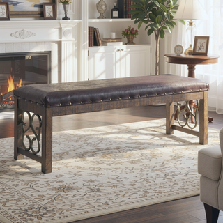 Sunvega Weathered Cherry Finish Bench with PU Leather Cushion and 16" Floor Clearance
