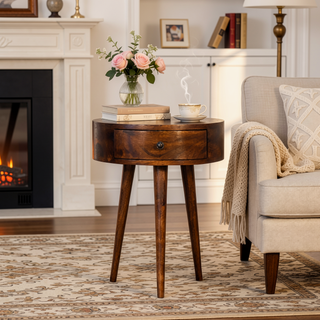 Sunvega Solid Mango Wood Chestnut Finish Semi Circle Nightstand with Drawer