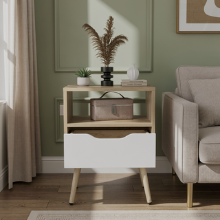 Sunvega Natural Oak and White Nightstand with Drawer and Open Shelf