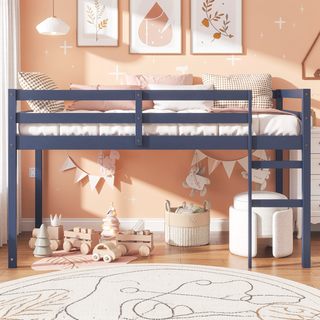 Sunvega Espresso Rubber Wood Low Height Loft Bed with Ladder for Bedroom