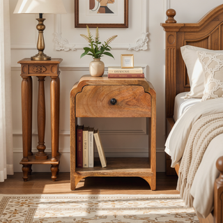 Sunvega Handcrafted Solid Mango Wood Nightstand with Drawer and Open Shelf