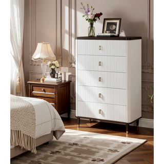 Sunvega White and Walnut Finish Nightstand with USB Port and Drawer