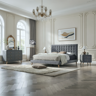 Sunvega Light Grey Upholstered 5-Drawer Chest with Wooden Tapered Legs for Bedroom