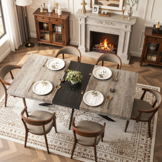 Sunvega Antique Wood Top Rectangular Stretch Dining Table with Storage Box and Black Iron Base