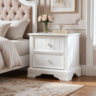 Sunvega White Solid Hardwood Nightstand with Two Spacious Drawers and Round Knobs