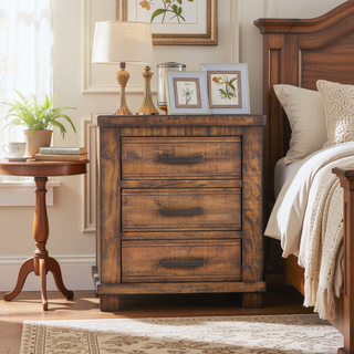 Sunvega Reclaimed Pine Wood Nightstand with Three Drawers and Antiqued Zinc Pulls