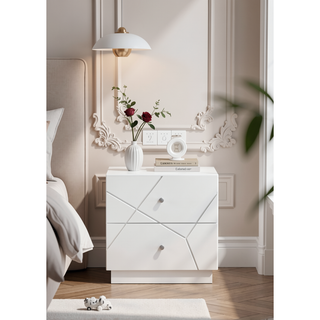 Sunvega Mist Nightstand with Two-Tone High-Gloss Marble Lacquer Finish and Two Spacious Drawers