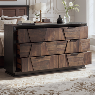 Sunvega Walnut Wood Dresser with 6 Spacious Drawers and Brushed Nickel Hardware