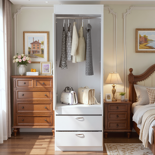 Sunvega White Armoire with Double Doors Two Drawers and Metal Handles