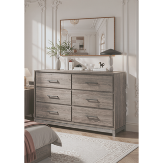 Sunvega Contemporary Gray Oak Finish Dresser with Six Drawers and Metal Hand Pull