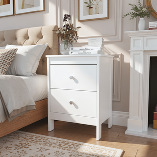 Sunvega White Nightstand with Two Spacious Drawers and Classic Knob Hardware