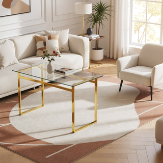 Sunvega Modern Minimalist Rectangular Glass Dining Table with Golden Chrome Metal Legs for Kitchen Dining Living Room