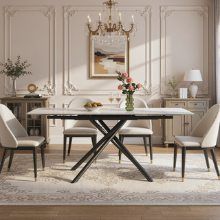 Sunvega Modern Sintered Stone Dining Table with Black Carbon Steel Legs for 6