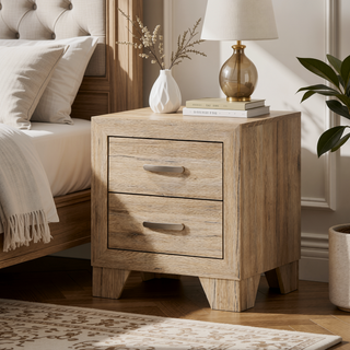 Sunvega Natural Finish Nightstand with Two Spacious Drawers and Tapered Legs