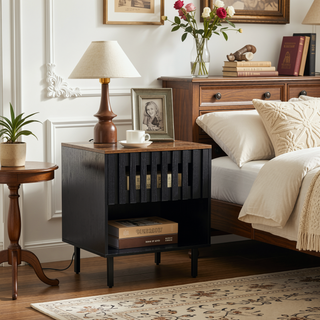 Sunvega Mid Century Modern Nightstand with Grille Striped Doors and Metal Legs
