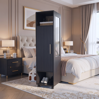 Sunvega Freestanding Wardrobe with Mirror, Shelves, Hanging Rod and Casters for Bedroom