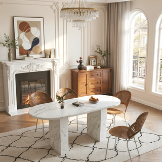 Sunvega Modern Farmhouse Oval Dining Table with Realistic Marble Top for 6