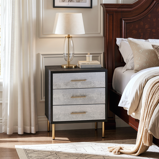 Sunvega Black Silver Gold 3-Drawer Nightstand with Metal Legs and Decorative Patterns