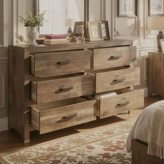 Sunvega Weathered Gray Finish 6 Drawer Dresser Faux Wood Veneer Bedroom Furniture