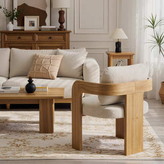 Sunvega Dining Chairs with Pillow Back, Natural Rubber Wood Frame and Beige Fabric, 2-Pack
