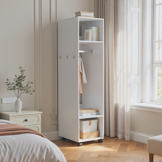 Sunvega Freestanding Wardrobe with Mirror, Shelves, Hanging Rod and Casters for Bedroom