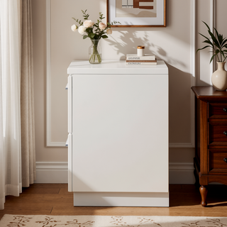 Sunvega Modern White High Gloss Nightstand with 2 Drawers and Chrome Handles