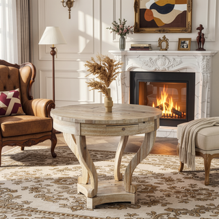 Sunvega Small Round Natural Wood Side Table with Two Storage Drawers