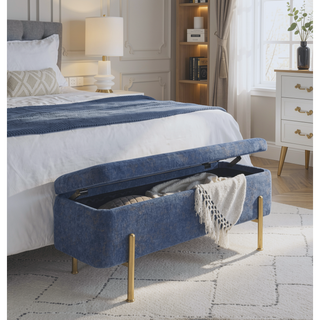 Sunvega Gold Metal and Blue Fabric Contemporary Storage Bench with Flip Top Lid
