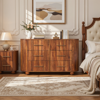 Sunvega Solid Mango Wood Ridgefront Chest with Six Ribbed Drawers in Amber Oak Finish