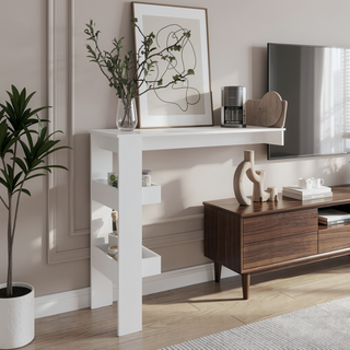 Sunvega Modern White Bar Table with Storage Shelf for Home Bar Kitchen or Dining Room
