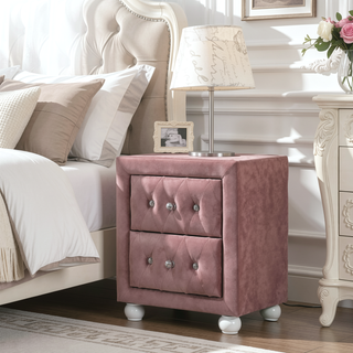 Sunvega Pink 2-Drawer Nightstand with Crystal Knobs and Padded Base