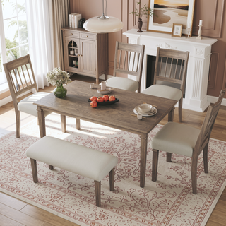 Sunvega Classic Country Style Rubber Wood Dining Table Set with Bench and Chairs