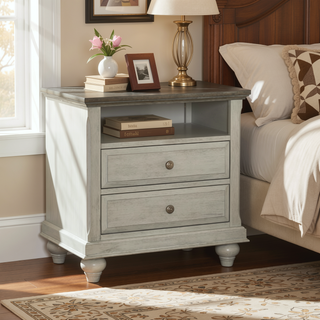 Sunvega Light Gray Nightstand with Dark Brown Top and 2 Dovetail Drawers