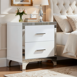 Sunvega High Gloss White Nightstand with 2 Drawers and Metal Handle for Bedroom