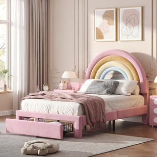 Sunvega Full Size Velvet Upholstered Rainbow Princess Platform Bed with Storage Drawer