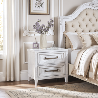 Sunvega Distressed White Nightstand with Two Roomy Drawers and Stepped Design