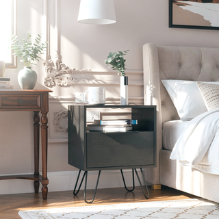 Sunvega Black Nightstand with Hairpin Legs, Open Shelf, and Single Door Cabinet