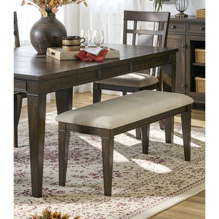Sunvega Dark Brown Finish Wooden Dining Bench with Beige Fabric Upholstered Seat