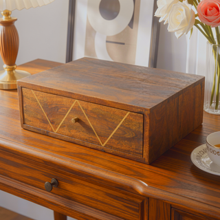 Sunvega Wall Mounted Solid Mango Wood Bedside Table with Brass Inlay Drawer