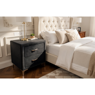 Sunvega Glam Style Black Finish Two Drawers Nailhead Tufted Nightstand with Tempered Glass