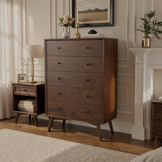Sunvega Mid Century Modern 5-Drawer Solid Wood Dresser for Bedroom Living Room