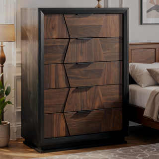 Sunvega Walnut Wood Tall Space Saving 5 Drawer Chest with Nickel Handles