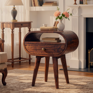 Sunvega Honey Caramel Solid Mango Wood Round Bedside Table with One Drawer