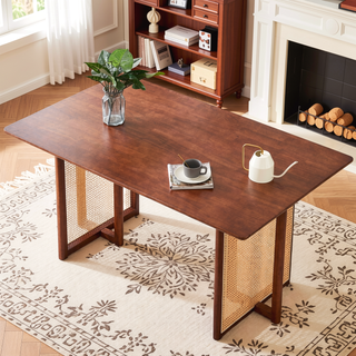 Sunvega Natural Solid Wood Dining Table with Imitation Rattan Legs for Dining Room
