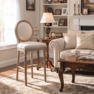 Sunvega French Style Solid Wood Frame Linen Fabric Oval Back Dining Chairs Set of 2