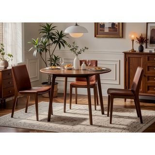 Sunvega Walnut Finish Round Dining Table with Fixed Tabletop for Family Meals
