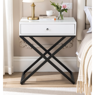 Sunvega Koda White Wooden End Table with Glass Top and Drawer