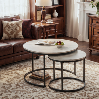 Sunvega Industrial Style Round Nesting Coffee Table Set with Metal Frame for Living Room